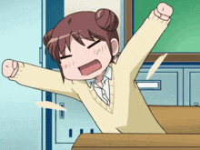 a cartoon girl is yawning with her arms outstretched in front of a green chalkboard