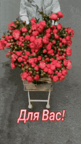a person is pushing a shopping cart full of flowers with the words " для вас " written below them