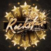 a rockstar logo with gold stars and fireworks in the background
