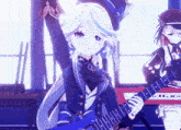 a girl with white hair is playing a guitar in front of a keyboard