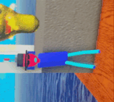 a cartoon drawing of a blue object with a red car behind it