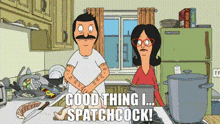 bob and lola from bob 's burgers are standing in a kitchen