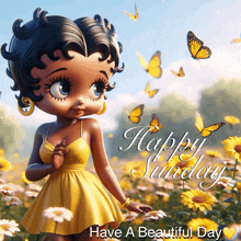 a picture of betty boop with butterflies and the words happy sunday