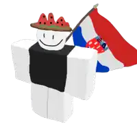 a roblox character wearing a watermelon hat is holding a croatian flag