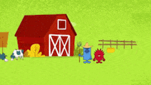 a blue cartoon character holding a pitchfork stands in front of a red barn