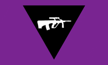 a purple background with a black triangle and a white rifle on it