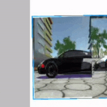 a black car is parked in front of a building and trees .