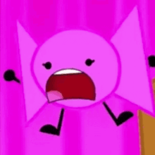 a pink cartoon character with a big smile on its face is standing next to a brown box .