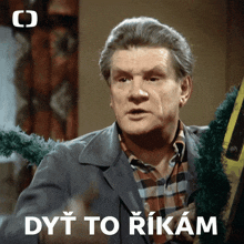 a man in a plaid shirt is holding a christmas tree and says " dyt to rikam " in white letters