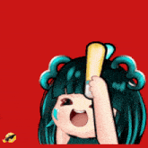 a cartoon girl with blue hair is holding a yellow stick and the words semangat are above her
