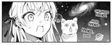 a black and white drawing of a girl and a cat with the words childhood friends hood friends and echo