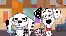 two dalmatian dogs are standing next to each other with a disney logo in the corner