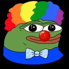 a green frog wearing a clown costume with a red nose