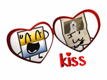 two heart shaped buttons with a picture of a dog and the word kiss