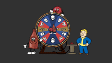 a vault boy is standing in front of a spinning wheel with skulls on it