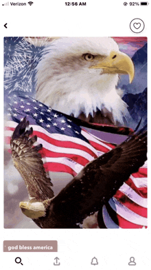 a picture of a bald eagle with an american flag on a phone screen
