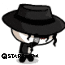 a cartoon character wearing a black hat and holding a gun