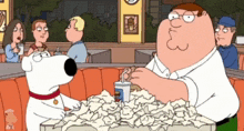 a cartoon of peter griffin sitting at a table with a bunch of papers
