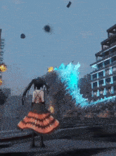 a girl in a dress is standing in front of a monster in a video game .