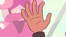 a close up of a cartoon hand reaching out towards a pink background .