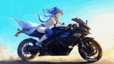 a girl with blue hair is riding a motorcycle with the letters minimax on the bottom right