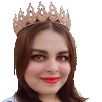 a woman wearing a crown and red lipstick smiles at the camera