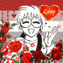 a black and white drawing of a person with a red heart that says love