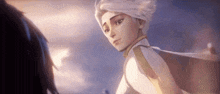a close up of a cartoon character with white hair standing next to another character .