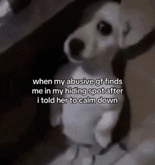 a dog standing on its hind legs with a caption that says when my abusive gf finds me in my hiding spot