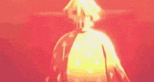 a person is standing in front of a red background with a yellow light coming out of their chest .