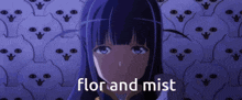 a girl with a purple hair and the words flor and mist