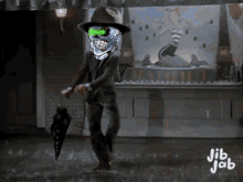 a man with a skull on his head is dancing in the rain