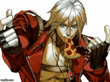 a man in a red jacket eating a slice of pizza