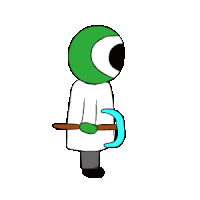 a cartoon character with a green head is holding a chair