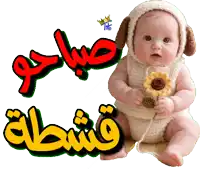 a baby wearing a knitted hat and holding a flower is sitting next to a sign that says " good morning "