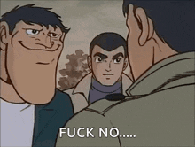 three men are standing next to each other and one of them is making a funny face .