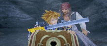 a video game character holding a sword next to another character holding a sword