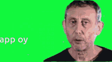 a man with his eyes closed is surrounded by a green screen that says oh