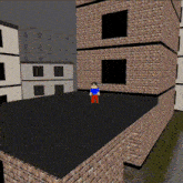 a man in a blue shirt and red pants is standing on the roof of a brick building