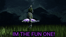 a video game character holding an umbrella with the words " im the fun one " below it