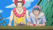 a man with pink hair is standing next to another man