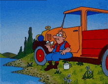 a cartoon of a man sitting in front of a truck