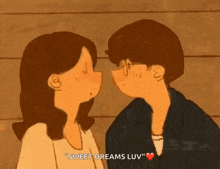a cartoon of a man and a woman kissing with the words " sweet dreams luv " on the bottom