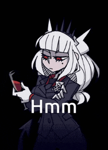 a black and white drawing of a girl holding a glass of wine with the word hmm below her