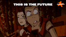 a cartoon of a man and a woman with the words " this is the future " below them