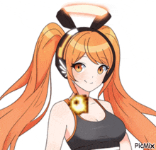 a girl with orange hair is wearing headphones and a donut around her neck ..