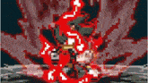 a pixel art of a person standing in front of a red explosion .