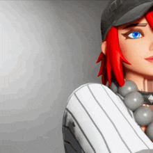a girl with red hair and blue eyes is wearing a hat and a necklace
