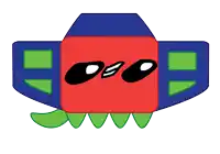 a cartoon drawing of a red and blue object with a green tail