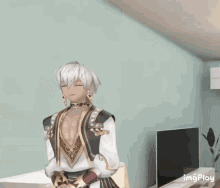 a video game character applauds in front of a television with imgplay written on the bottom